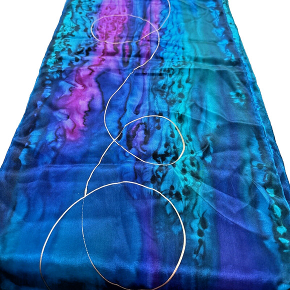 Artisan Hand Painted Pure Silk Scarf Gem Tone Colors Gold Swirls Long Rectangle - Picture 10 of 11
